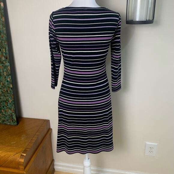 White House Black Market Sz S Ruched Sheath Dress Purple Black Striped Stretch - Picture 5 of 11